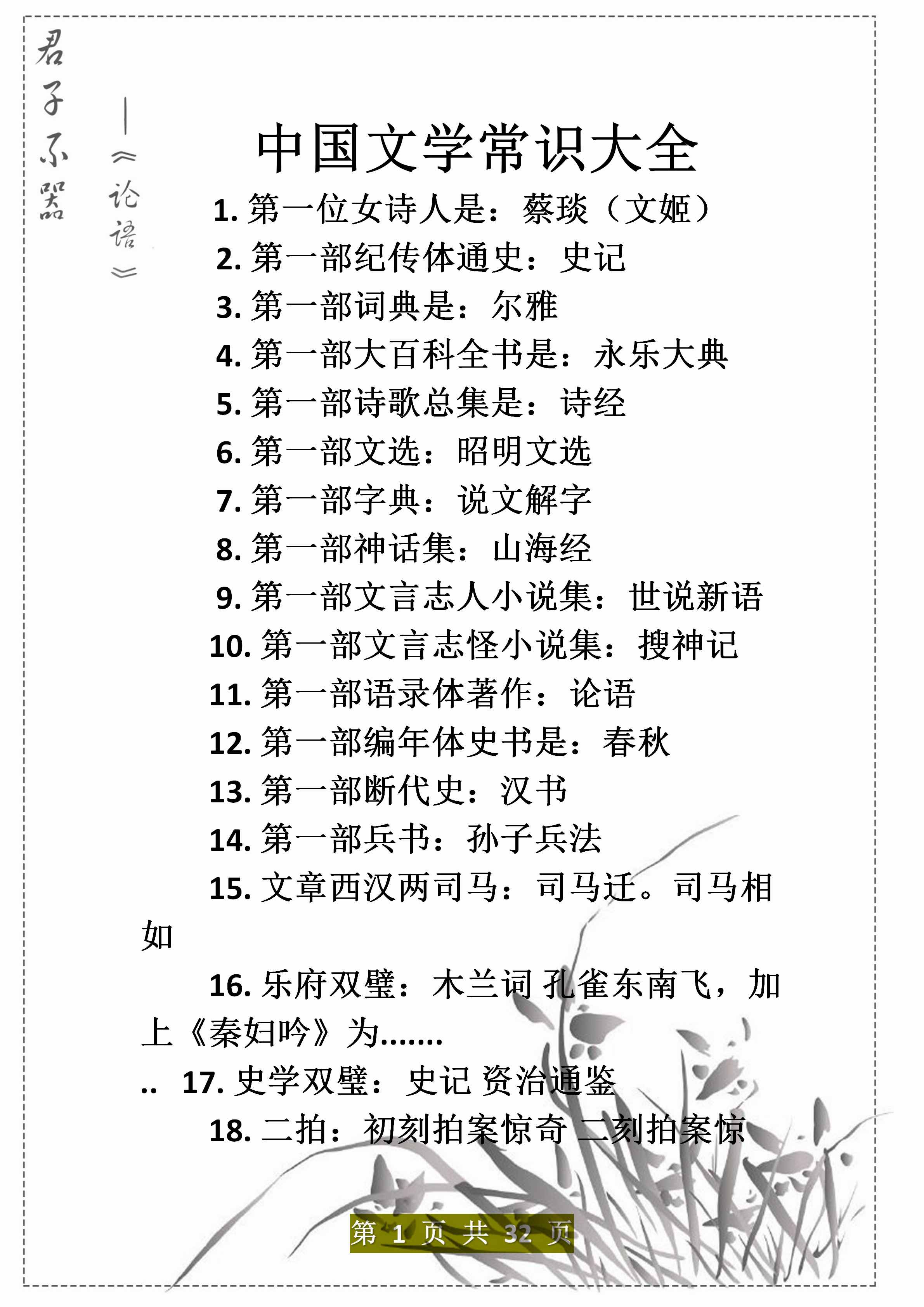 老教师精心整理：5000年的文学常识题，打印背熟了，3年不下128