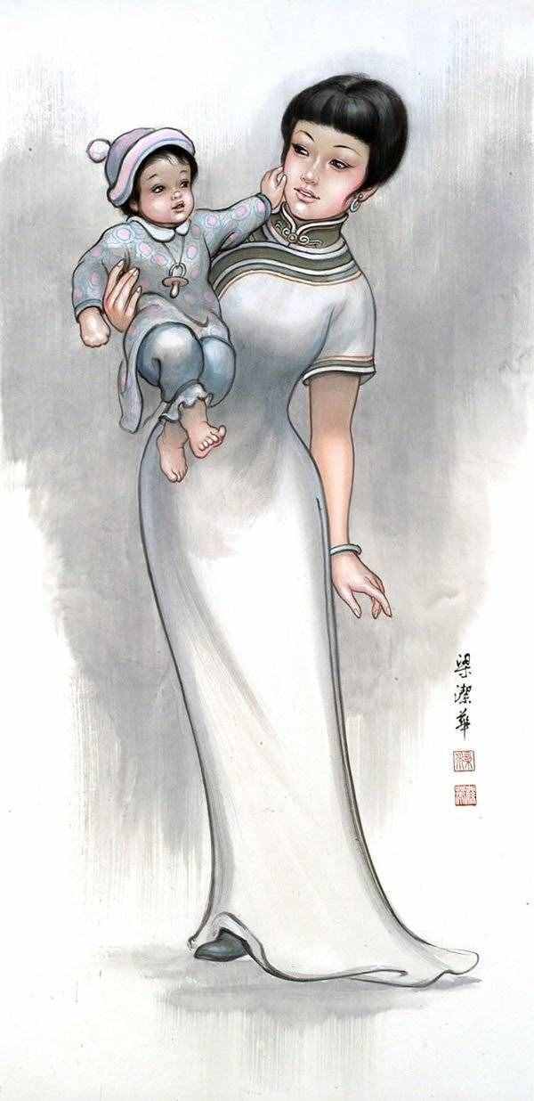 【母亲节】梁洁华国画《母爱》系列