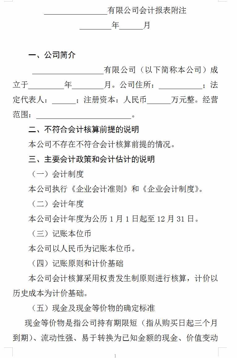 财务报表附注模板（完整版超详细）