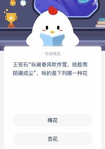 王安石纵被春风吹作雪咏的什么哪种花蚂蚁庄园？梅花还是杏花