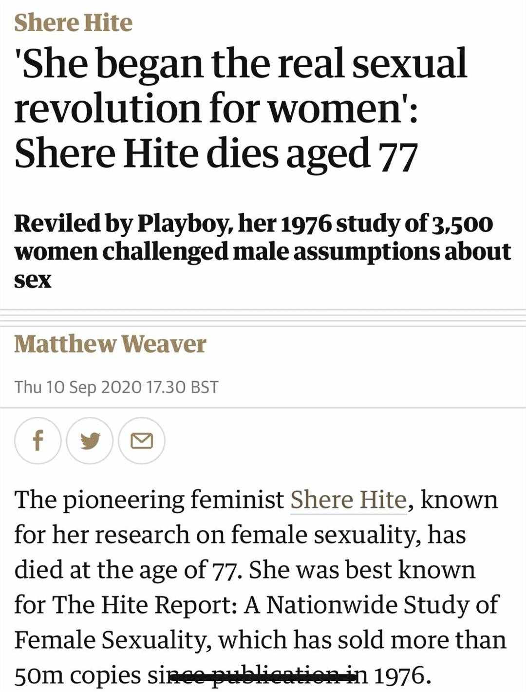 《海蒂性学报告》作者雪儿·海蒂去世，享年77岁