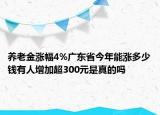 养老金涨幅4%广东省今年能涨多少钱有人增加超300元是真的吗