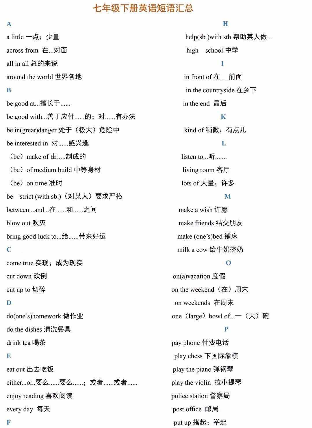 可打印！初一到初三各册英语高频短语总结