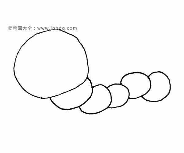 第二步：在后面画上一个接一个的小圆，作为毛毛虫的身体。