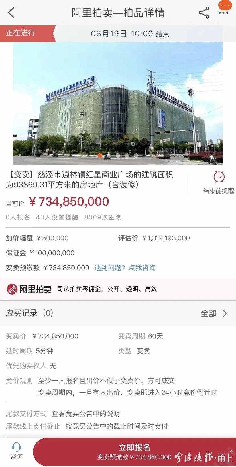起拍价超7亿元！房产证165本！宁波这家商业广场拍卖