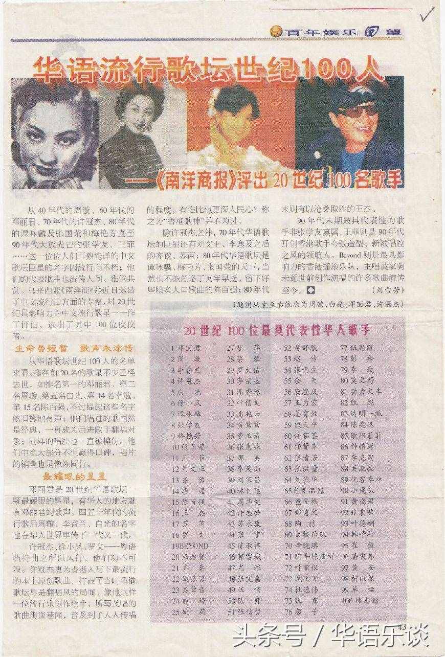20世纪华语歌手100强榜，张学友第8，王杰16，BEYOND排名亮了