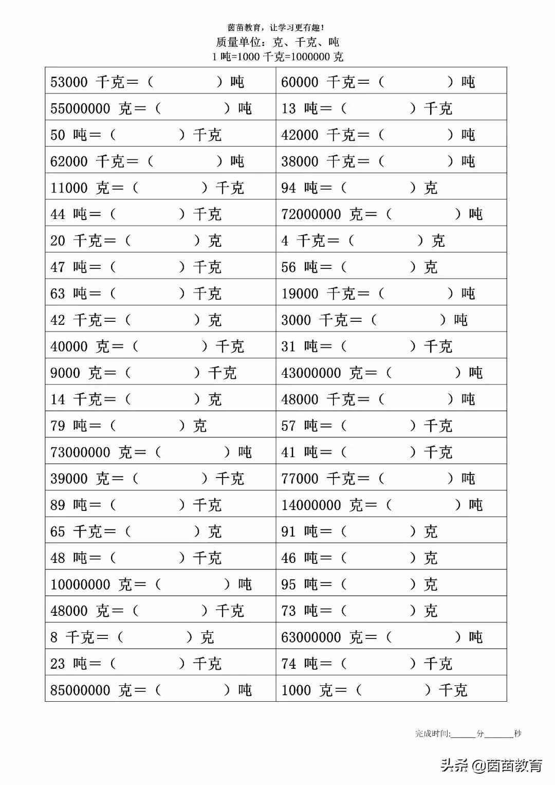 质量单位：克、千克、吨的换算