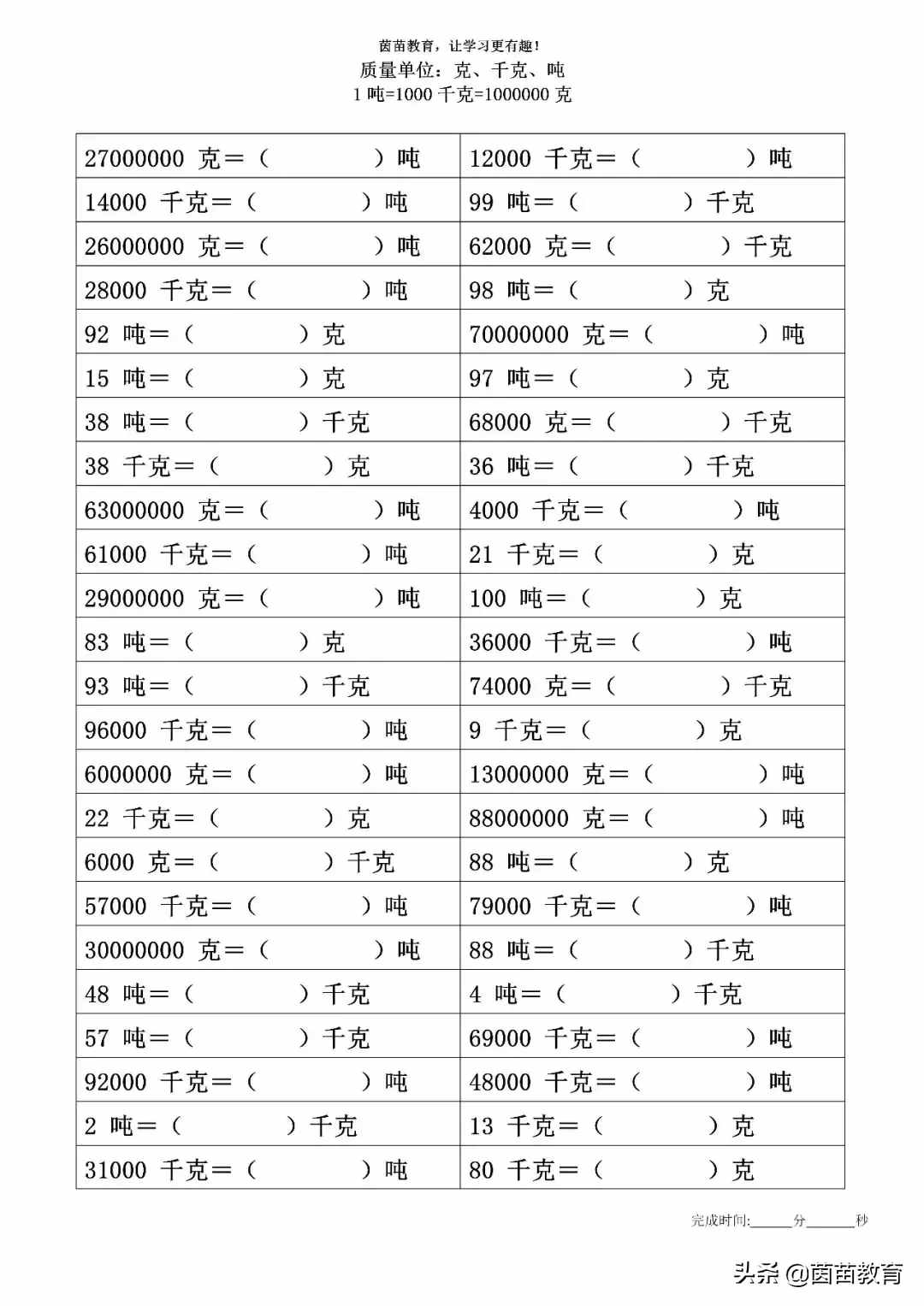 质量单位：克、千克、吨的换算
