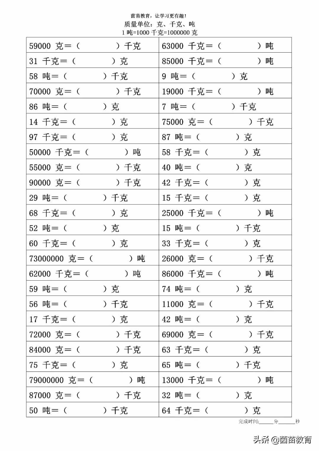 质量单位：克、千克、吨的换算