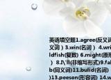英语填空题1.agree(反义词）（2.hate(同义词）3.win(名词） 4.write(过去式)5.goldfish(复数) 6.might(原形)7.too(同义词） 8.I'll(非缩写形式)9.fall(过去式) 10.job(同义词)11.bulid(名词) 12.keep(过去式)13.peeson(形容词) 14.wood(形容词)15.little(最高级)