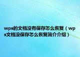 wps的文档没有保存怎么恢复（wps文档没保存怎么恢复简介介绍）